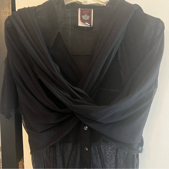 Jean Paul Gaultier mesh button front top wool trimming attached scarf 1990s SM - Picture 12 of 16